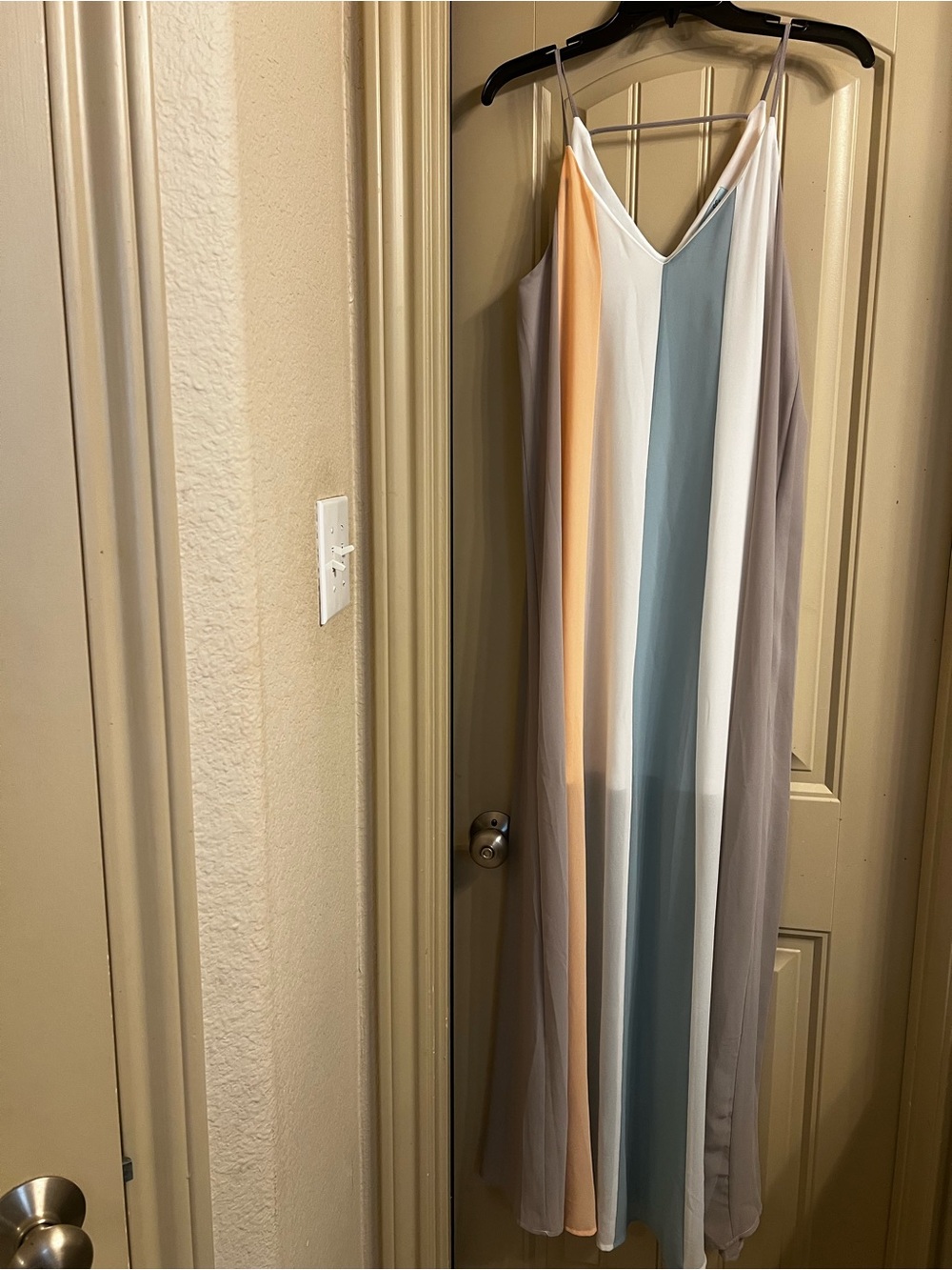 She + Sky Striped Maxi Dress in Blue, Peach, White, Gray